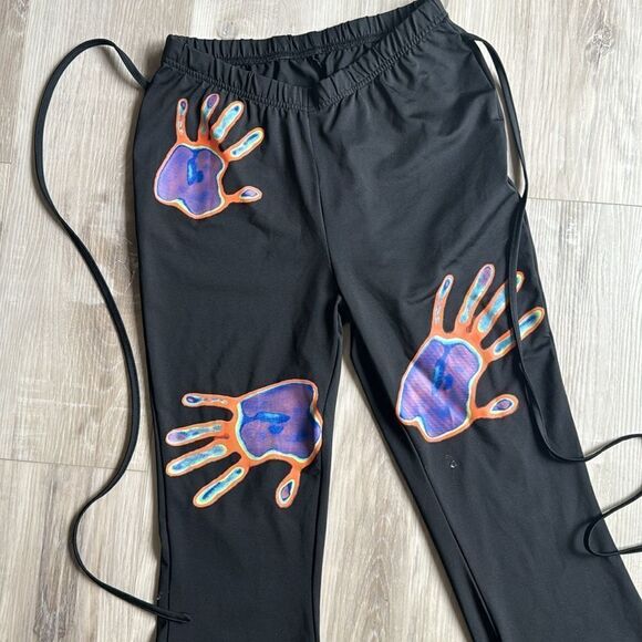 90s Low Rise Handprint Print Crisscross Tie Back Flare Leg Pants Size Medium - Picture 4 of 11